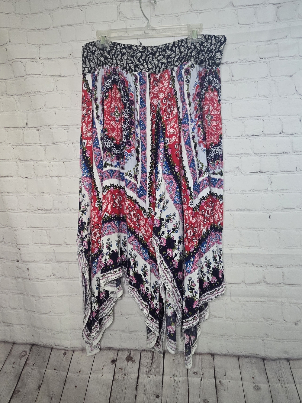 Asymmetrical Pink Paisley Handkerchief Hem Skirt